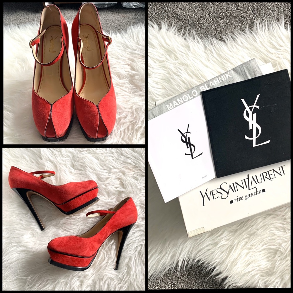 YSL Tribute 105 Pump Platform Heels in Deep Red